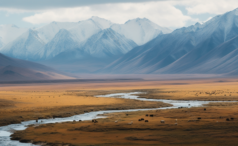 草原上的牛羊群蓝色天空雪山背景,高清,摄影图,摄影图片,图片大全,摄影图免费下载